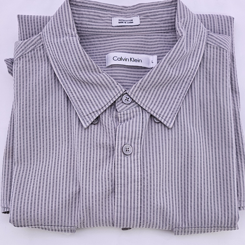 Calvin Klein 100% Cotton Long Sleeve Men's  Dress Shirt Regular Fit, L Gray, TS5 - Picture 5 of 5